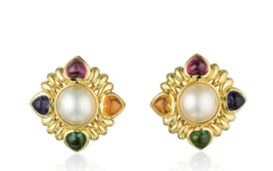 A Pair of 18K Gold Mabe Pearl and Colored Stone Earrings