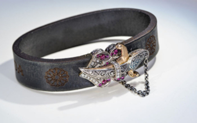 Mixed Gold, Silver, Leather belt - Bracelet - 0.65 ct Ruby - Diamonds