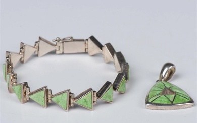 2pc Sterling Silver & Green Turquoise Pendant & Bracelet