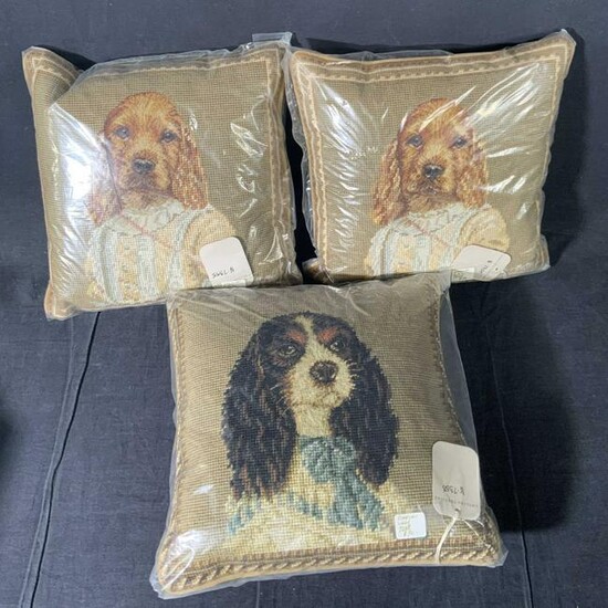 3 Handmade Dog Portrait Needlepoint Pillows, Tag