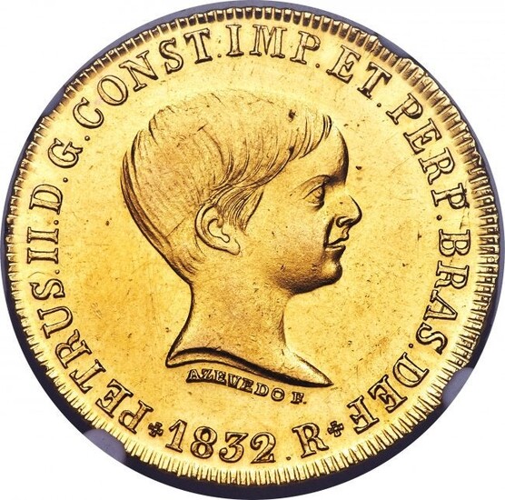 30095: Pedro II gold "'Azevedo' Below Bust" 6400 Reis 1