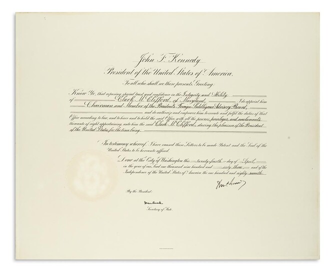 KENNEDY, JOHN F. Document Signed, as President, appointing Clark M. Clifford Chairman of...