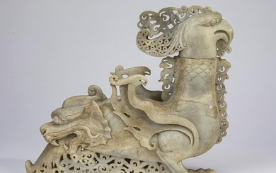 Chinese archaistic style jade phoenix vessel, 12"l