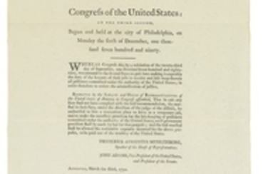 JEFFERSON, Thomas (1743-1826). Printed Document signed (“Th: Jefferson”) as Secretary of State, 3 March 1791. [Philadelphia: printed by Francis Childs and John Swaine, 1791.]