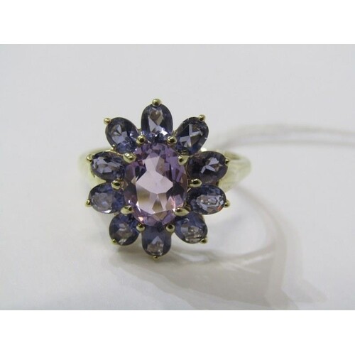 9ct YELLOW GOLD TANZANITE & AMETHYST CLUSTER RING, size N