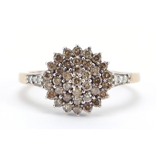 9ct gold Champagne diamond four tier cluster ring, size P, 2...