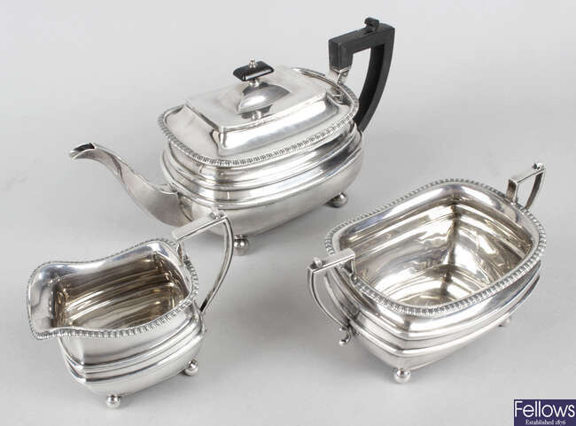 A 1920's silver three piece tea service by James Dixon & Sons.
