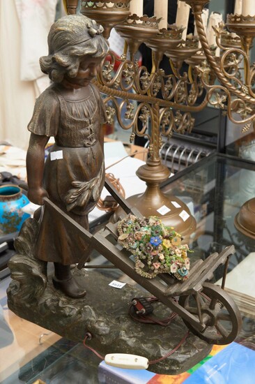 A 19TH CENTURY FRENCH BRONZE LAMP - GIRL WITH WHEELBARROW AND LIGHT UP GLASS FLOWERS SIGNED AD RANIERI