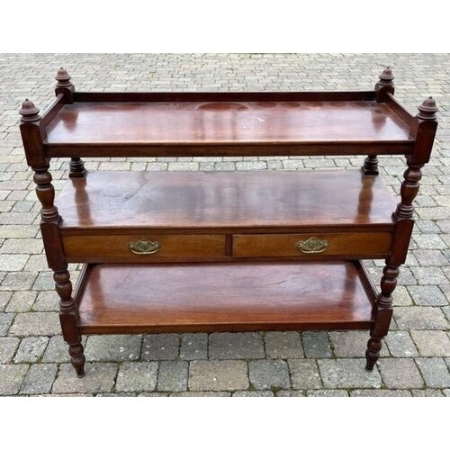 A 19TH CENTURY MAHOGANY THREE TIER CONSOLE TABLE, two drawer...