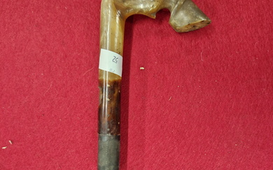 A 19TH CENTURY SWORD STICK, WITH MALACCA CANE AND CARVED HORN HANDLE.