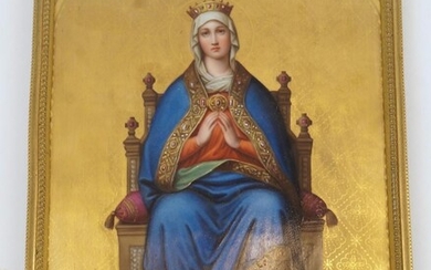 A Berlin porcelain panel, c.1880, painted with the Madonna seated on a thrown wearing a crown and with roses by her feet, incised marks to reverse, in gilt-brass frame, 17.1cm high, 12cm wide