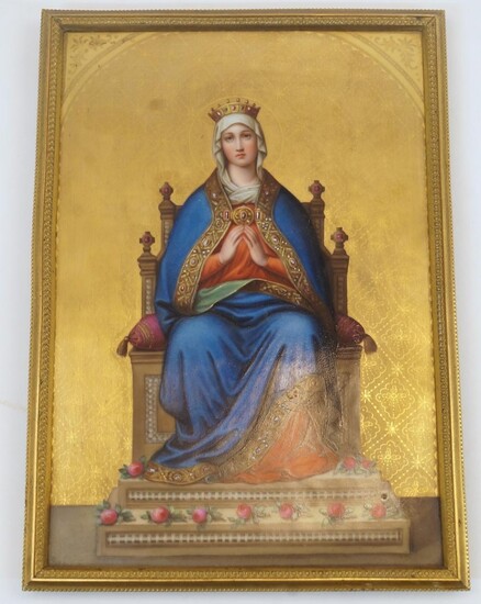 A Berlin porcelain panel, c.1880, painted with the Madonna seated on a thrown wearing a crown and with roses by her feet, incised marks to reverse, in gilt-brass frame, 17.1cm high, 12cm wide