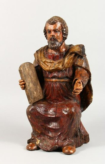 A CARVED AND PAINTED GROUP, "Moses Holding a Tablet"
