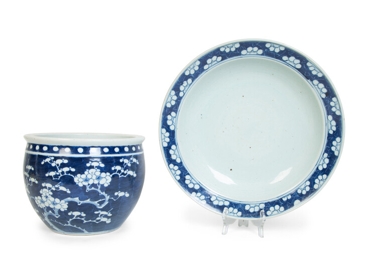 A Chinese Blue and White Porcelain Prunus Decorated Shallow Bowl and Jardiniere