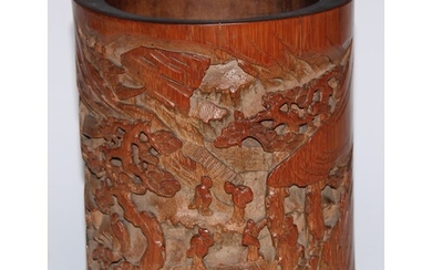 A Chinese bamboo bitong brush pot, well-carved in relief wit...