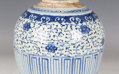 A Chinese provincial blue and white porcelain ginger jar, Qing dynasty, of stout ovoid form, painted