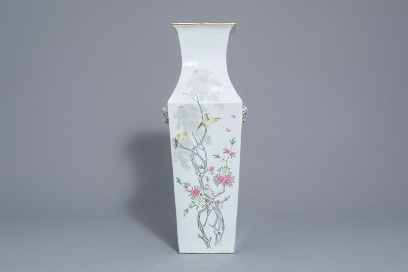 A Chinese square famille rose vase with birds...