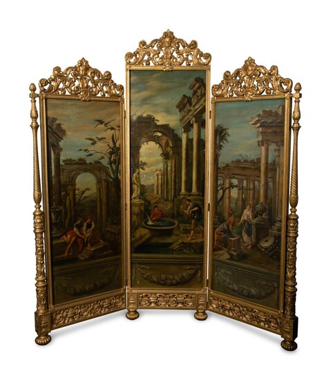 A Continental Three-Panel Painted Canvas Floor Screen