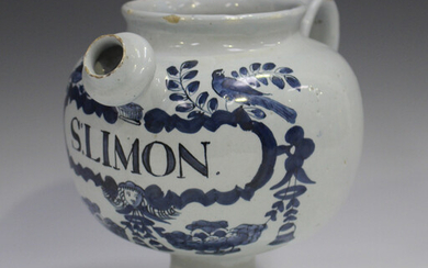 A Delft wet drug jar, 18th century, the globular body painted in blue with a cartouche, titled '