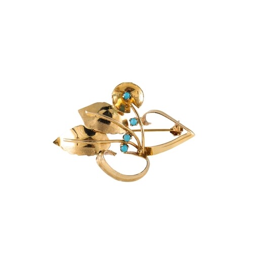 A FLORAL SPRAY BROOCH, set with turquoise, mounted in 18ct y...