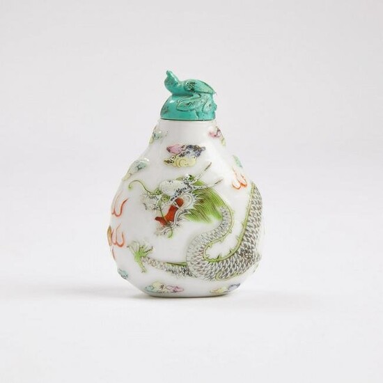 A Famille Rose Moulded Porcelain 'Dragon' Snuff Bottle