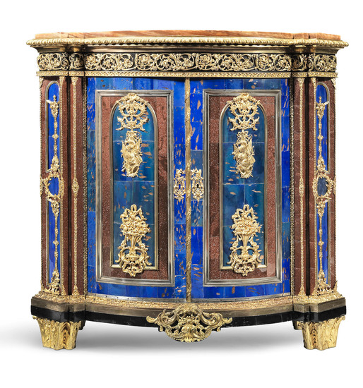 A French 19th century gilt bronze, silvered metal, aventurine glass and blue coloured glass mounted ebony and ebonised bowfront commode a vantaux