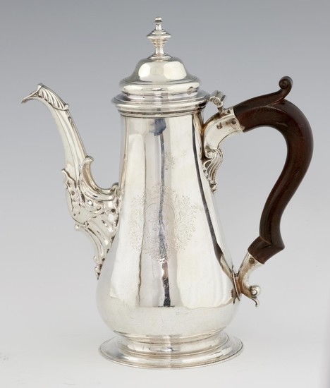 A GEORGE II SILVER COFFEE POT OF UNUSUAL SIZE crested, 30cm ...