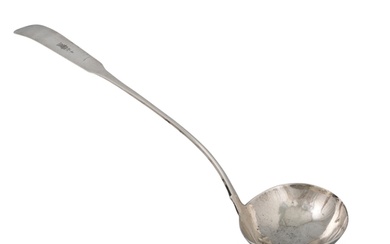 A GEORGE III IRISH SILVER SOUP LADLE, bow handled fiddle pat...