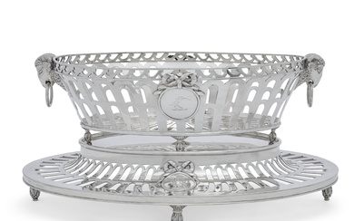 A GEORGE III SILVER JARDINERE OR BASKET AND STAND MARK...