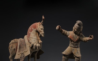 A GROUP OF 1ST TO THE 3RD CENTURY HAN DYNASTY PAINTED POTTERY HORSES AND WARRIORS
