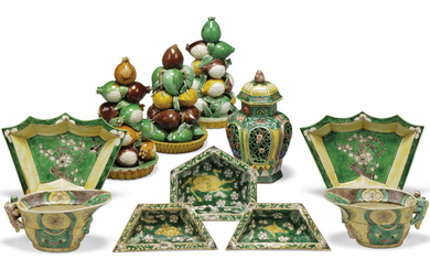 A GROUP OF ELEVEN CHINESE GREEN, YELLOW AND AUBERGINE GLAZED BISCUIT PORCELAIN PIECES, KANGXI PERIOD (1662-1722) AND LATER