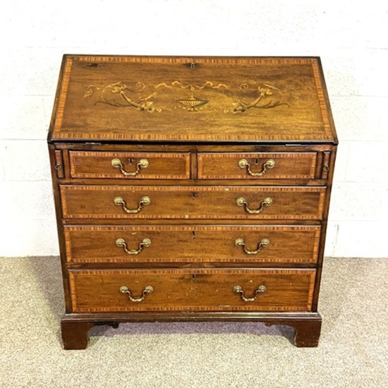 A George III style mahogany inlaid bureau, 19th century, with slope front, opening to fitted