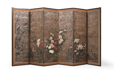 A Japanese Rimpa school six-fold byobu or floor standing screen