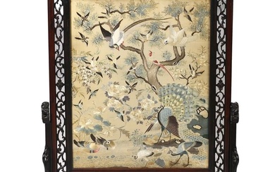 A LARGE CHINESE SILK EMBROIDERED 'PHOENIX' TABLE SCREEN