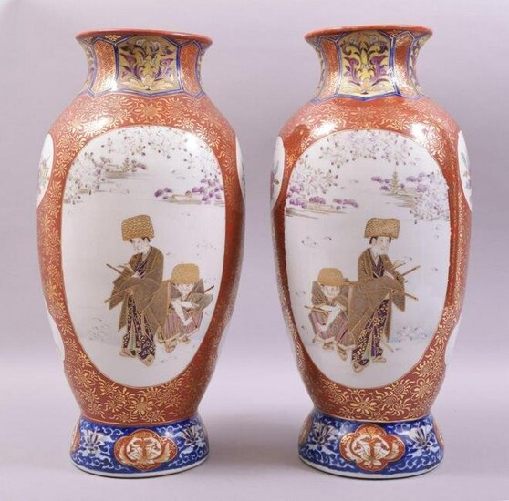 A LARGE PAIR OF JAPANESE IMARI PORCELAIN VASES, the