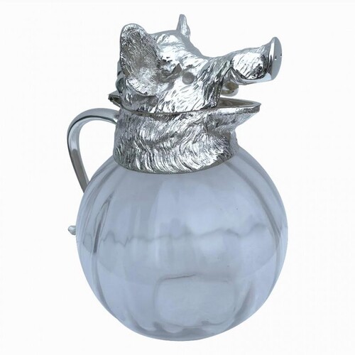 A LARGE SILVER PLATE AND GLASS BOARS HEAD CLARET JUG Having ...