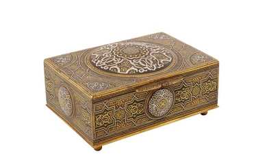 A LATE 19TH CENTURY NASRID STYLE SPANISH TOLEDO SILVER AND GOLD-DAMASCENED BOX