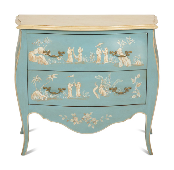 A Louis XV Style Painted Bombe Commode with Chinoiserie Decoration