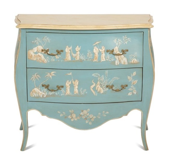 A Louis XV Style Painted Bombe Commode with Chinoiserie Decoration
