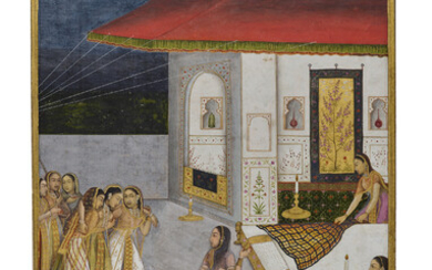 A PAINTING OF A LADY BEING LED TO BED INDIA, MUGHAL, 1650-1690