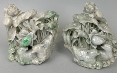 A PAIR OF CHINESE CARVED JADE GROUPS DEPICTING BIRDS...