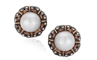 A PAIR OF CULTURED PEARL AND DIAMOND EARRINGS, BY M. BUCCELL...