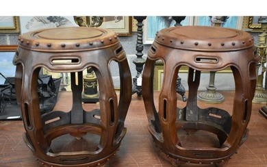 A PAIR OF EARLY 20TH CENTURY CHINESE HARDWOOD DRUM STOOLS. 4...