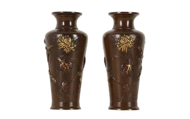 A PAIR OF JAPANESE INLAID BRONZE VASES.