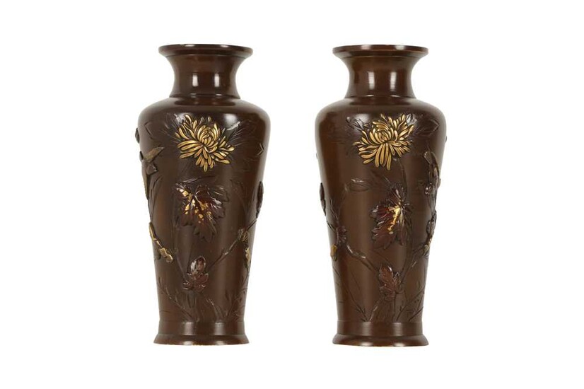 A PAIR OF JAPANESE INLAID BRONZE VASES.