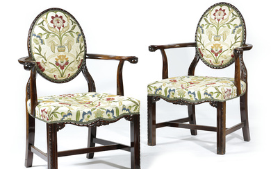 A PAIR OF MAHOGANY OPEN ARMCHAIRS
