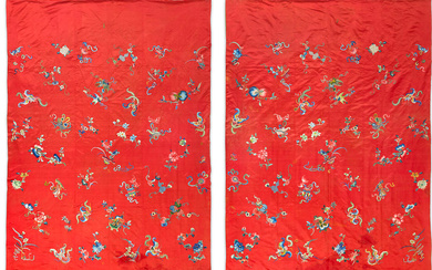 A PAIR OF VERY LARGE CORAL-RED-GROUND SILK EMBROIDERED FLORAL CURTAINS...