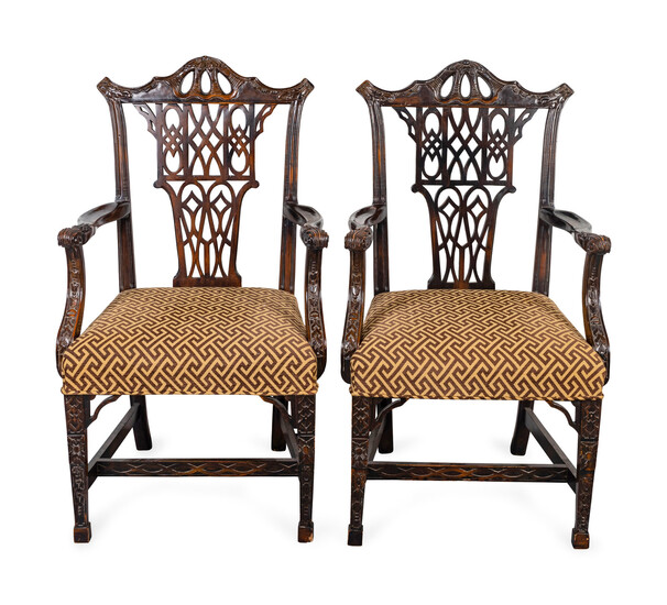 A Pair of Chinese Chippendale Style Mahogany Open Armchairs