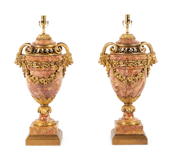 A Pair of Louis XVI Style Gilt Bronze and Marble Urns Mounted as Lamps
