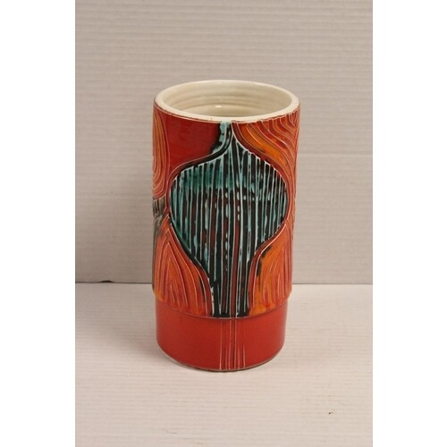 A Poole Pottery 1960s Red & Blue ribbed cylindrical vase. Me...